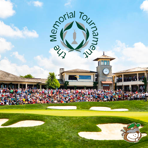 Image of Muirfield Village Country Club with the Memorial Tournament logo.