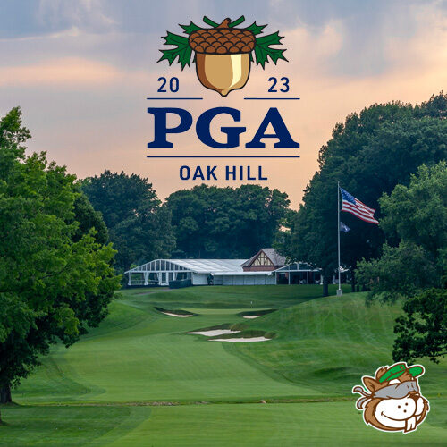 A photo of Oak Hill Country Club's East Course with the 2023 PGA Championship logo.